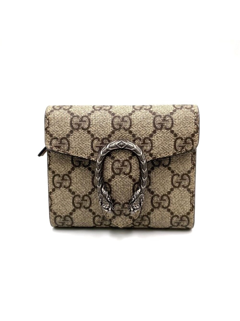 Gucci Dionysus GG Supreme Leather Beige Trifold Wallet Silver